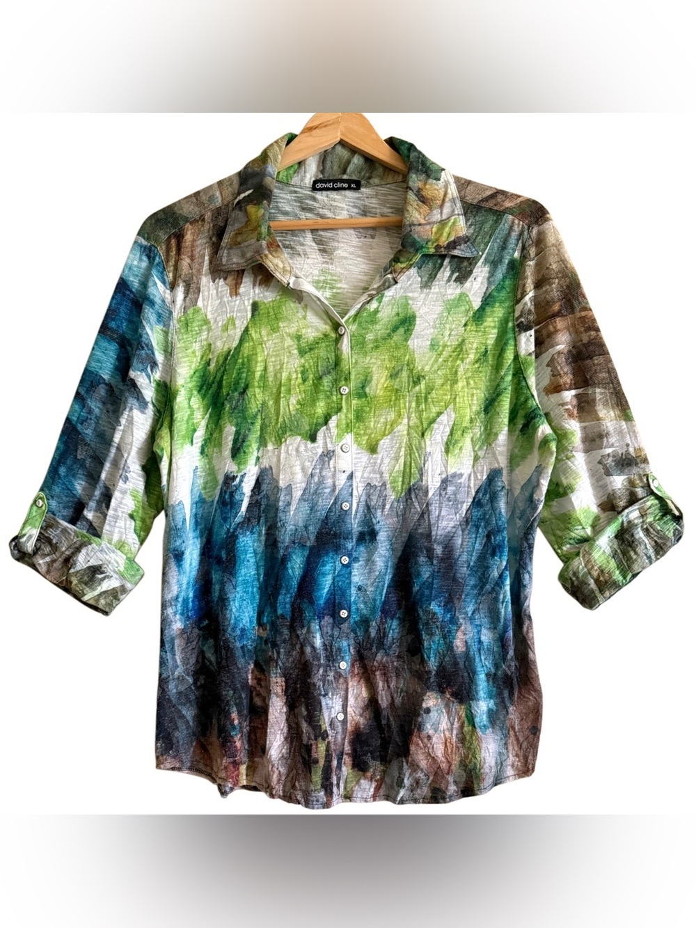 DAVID CLINE Abstract Colorful Art-To-Wear Lightweight Casual Artsy Blouse Sz XL